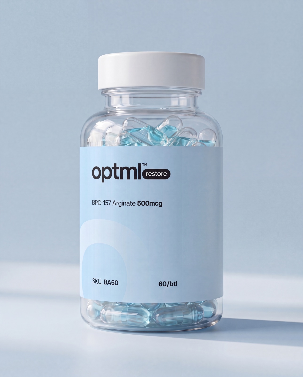 OPTML BPC-157 Arginate research product on a blue studio background
