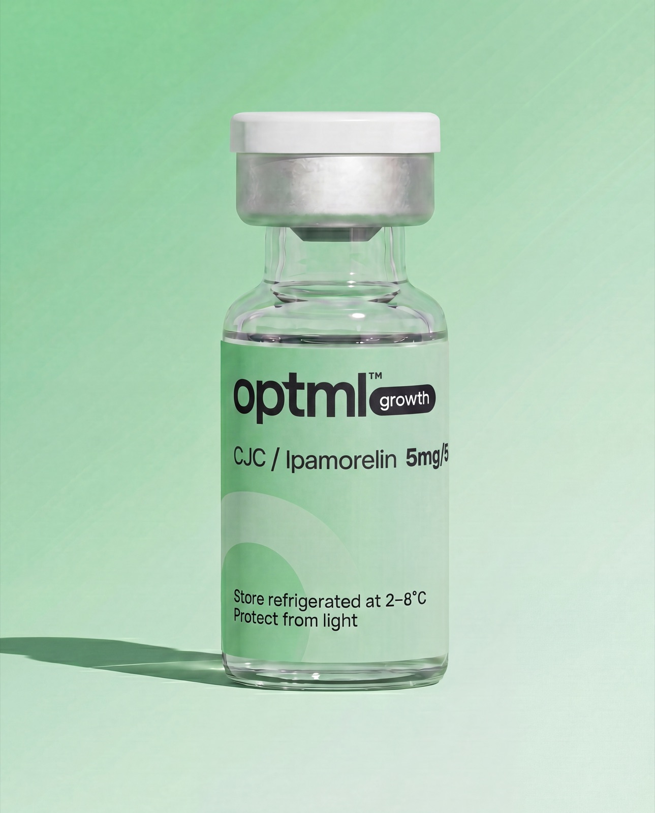 OPTML CJC / Ipamorelin research product on a green studio background