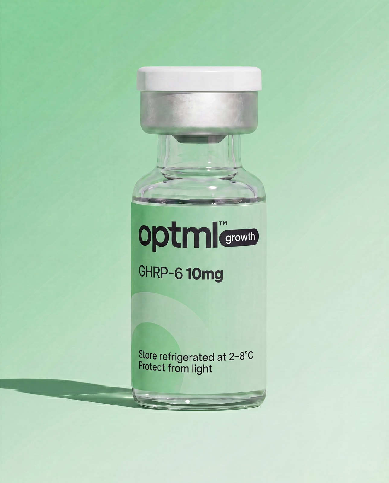 OPTML GHRP-6 10mg research product on a green studio background