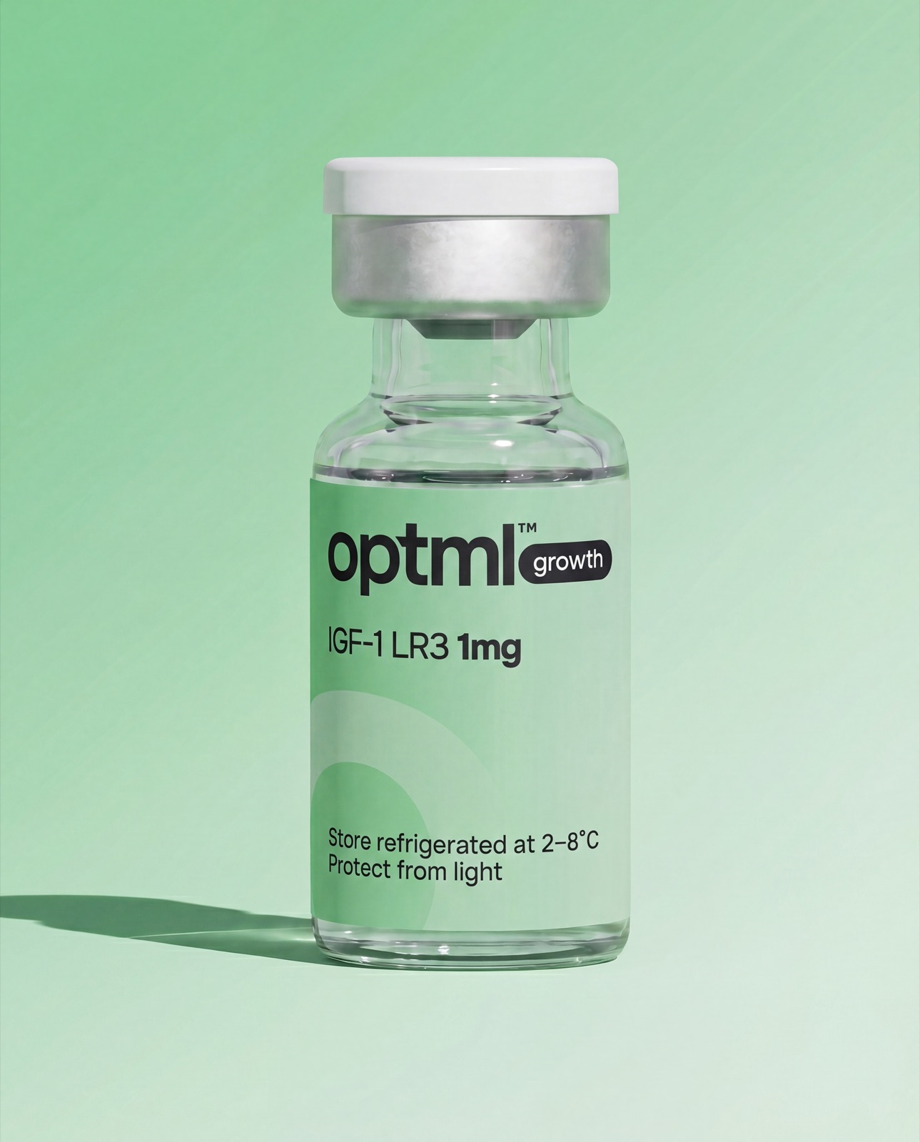 OPTML IGF-1 LR3 1mg research product on a green studio background