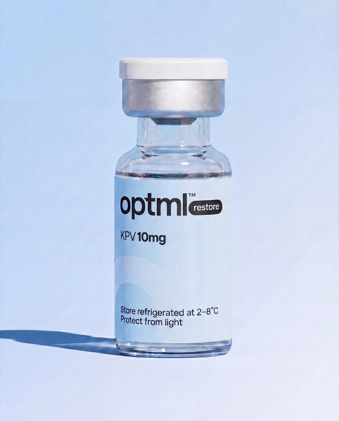 OPTML KPV 10mg research product on a blue studio background