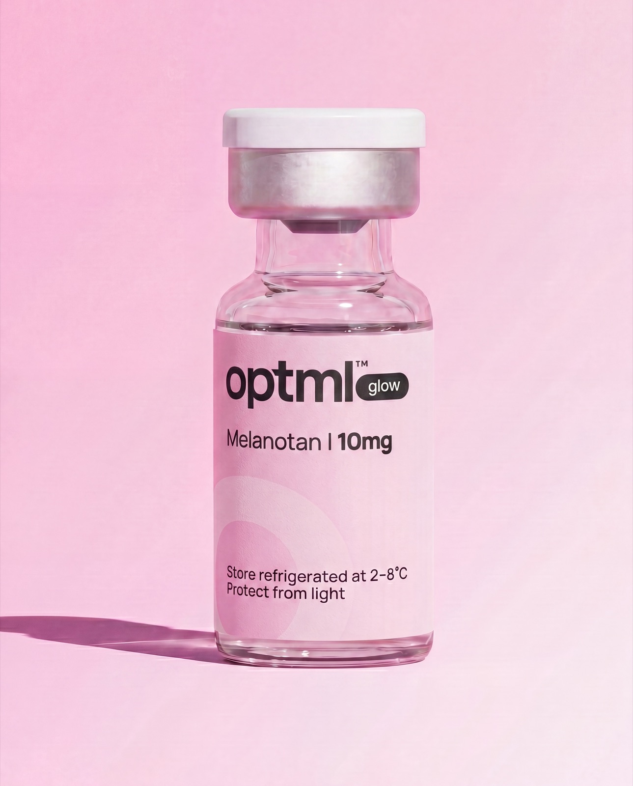 OPTML Melanotan I 10mg research product on a pink studio background