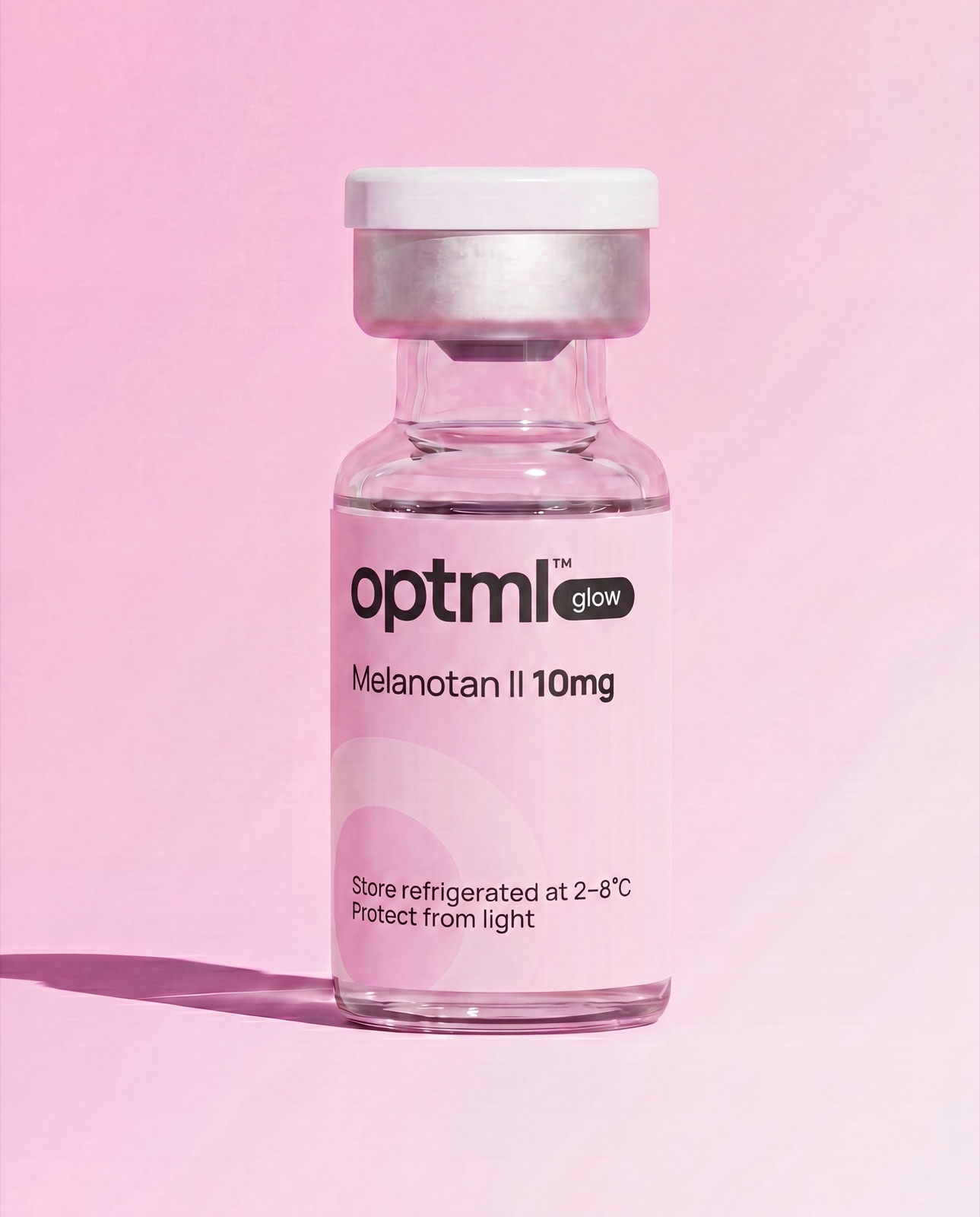 OPTML Melanotan II 10mg research product on a pink studio background