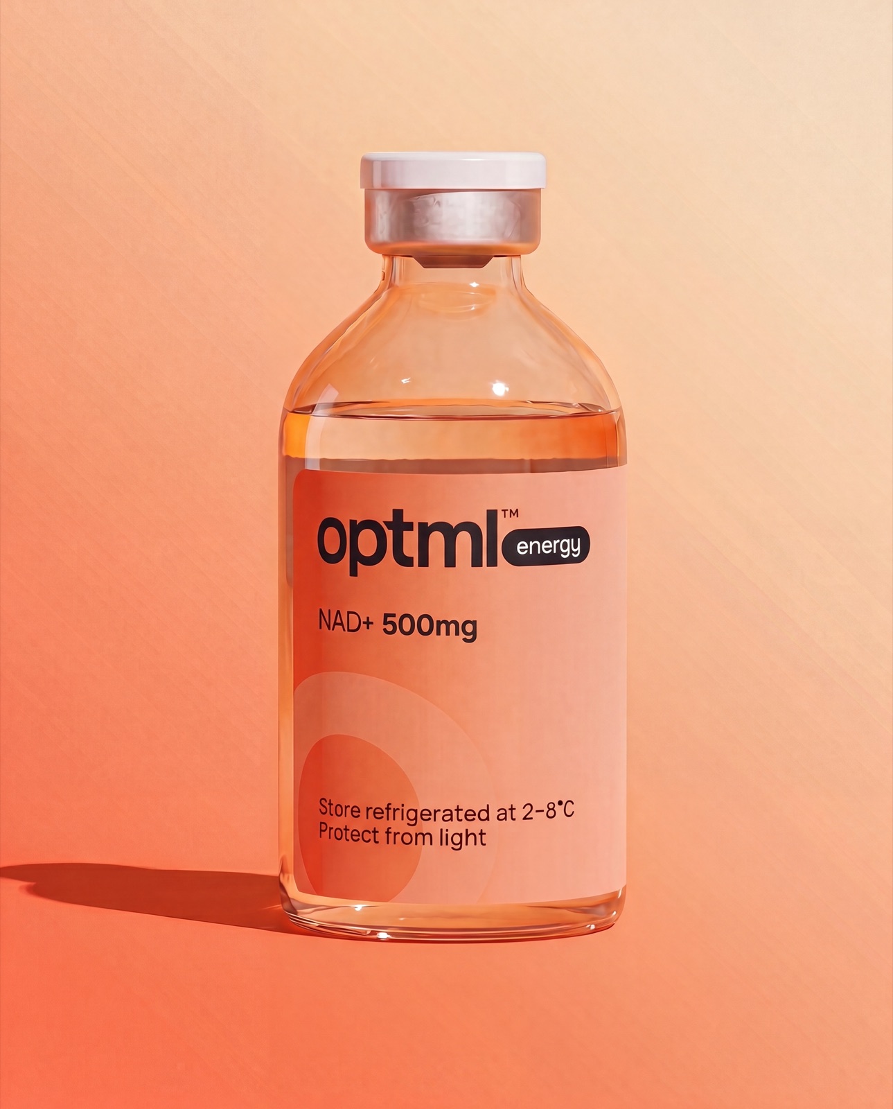 OPTML NAD+ research product on a orange studio background
