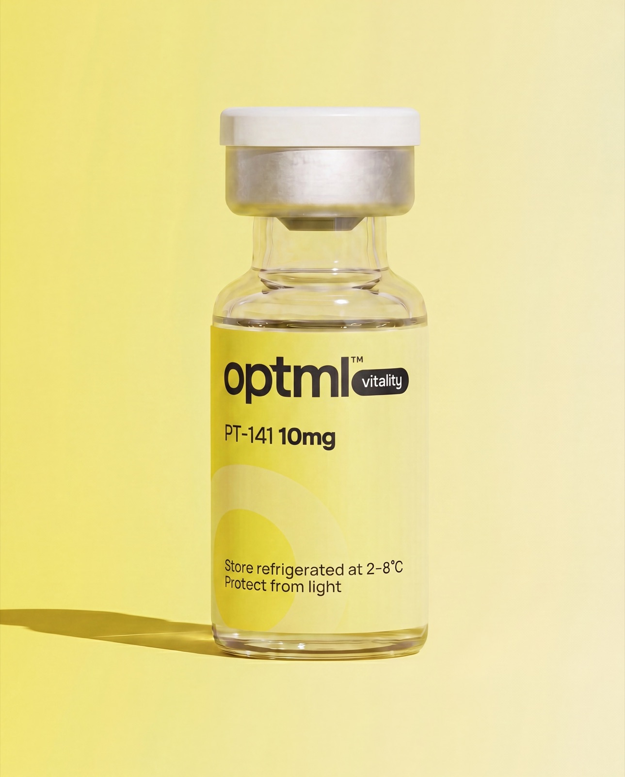 OPTML PT-141 10mg research product on a yellow studio background