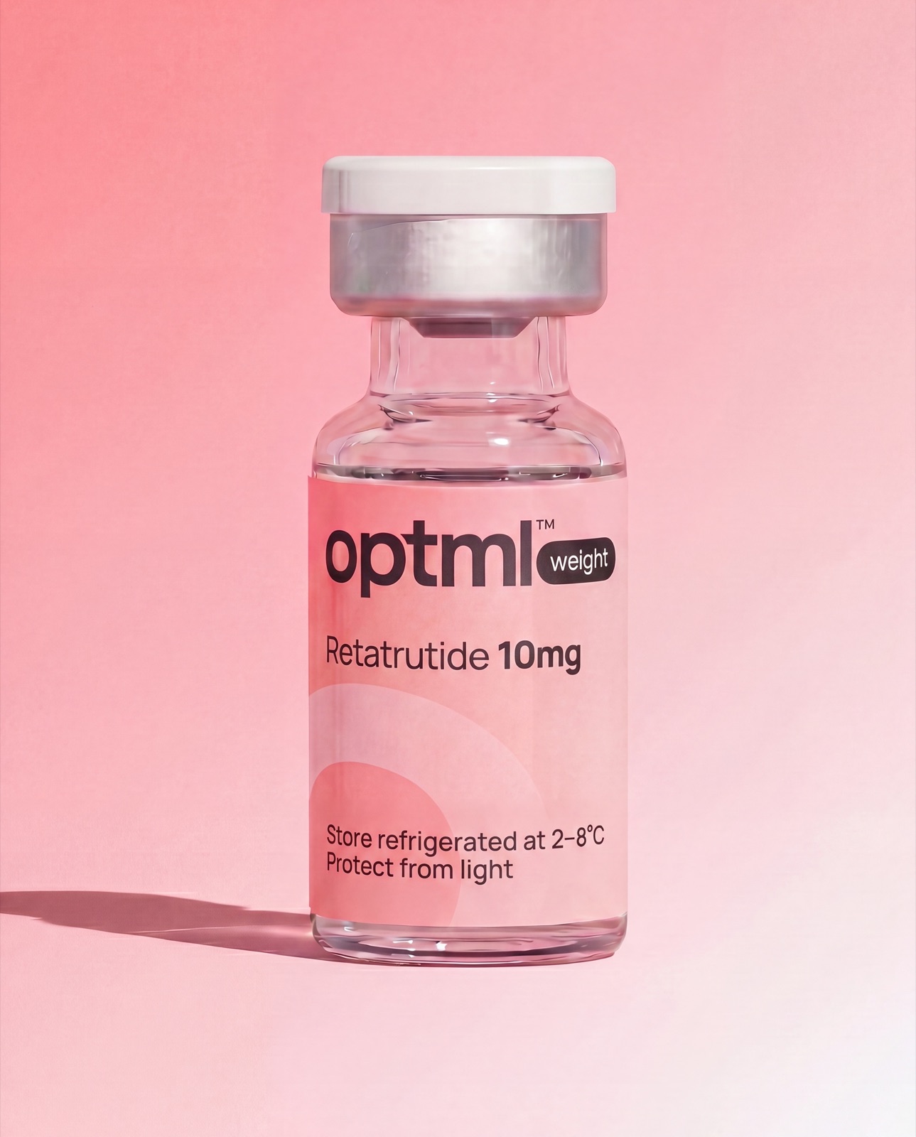 OPTML Retatrutide 10mg research product on a pink studio background