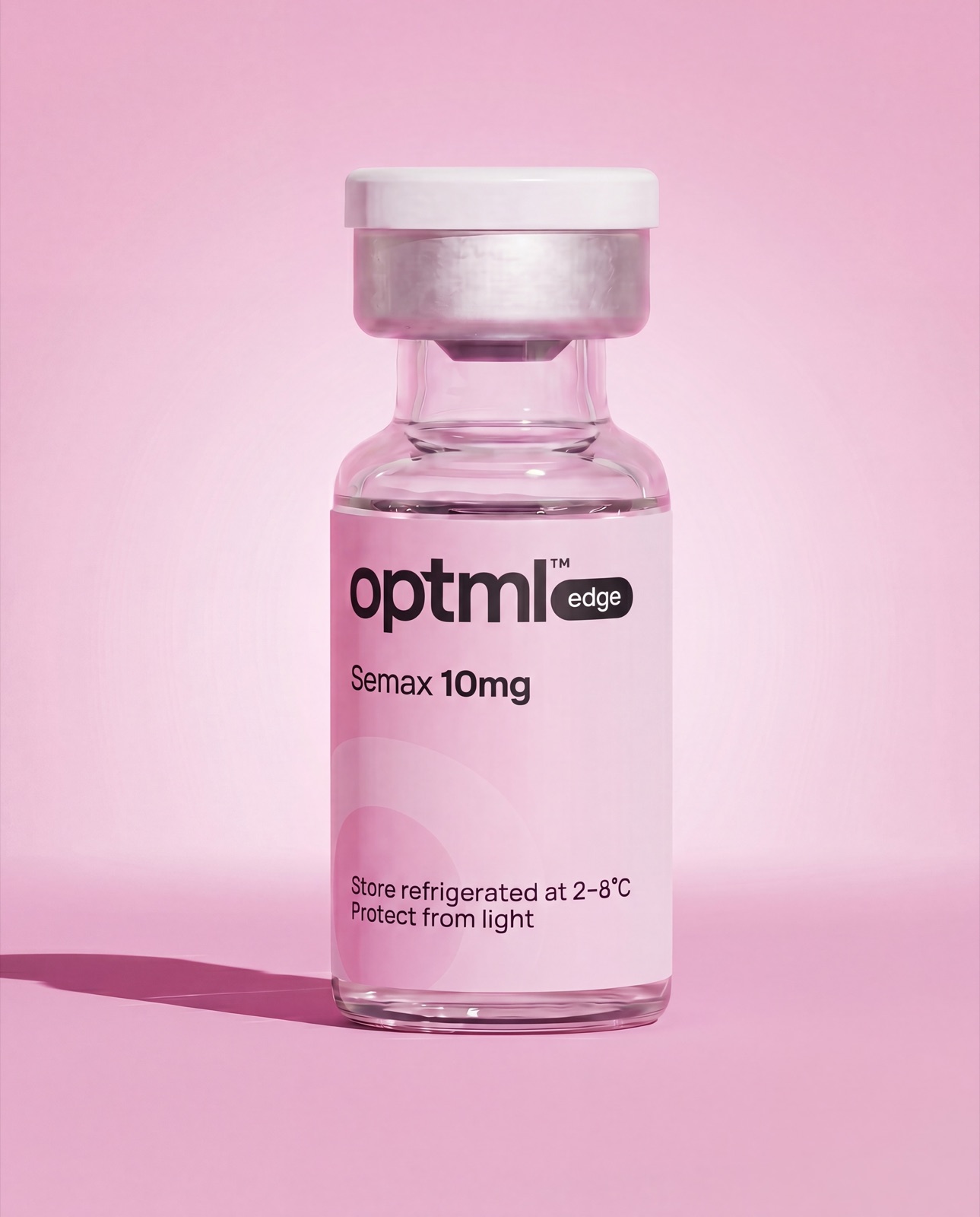 OPTML Semax 10mg research product on a pink studio background