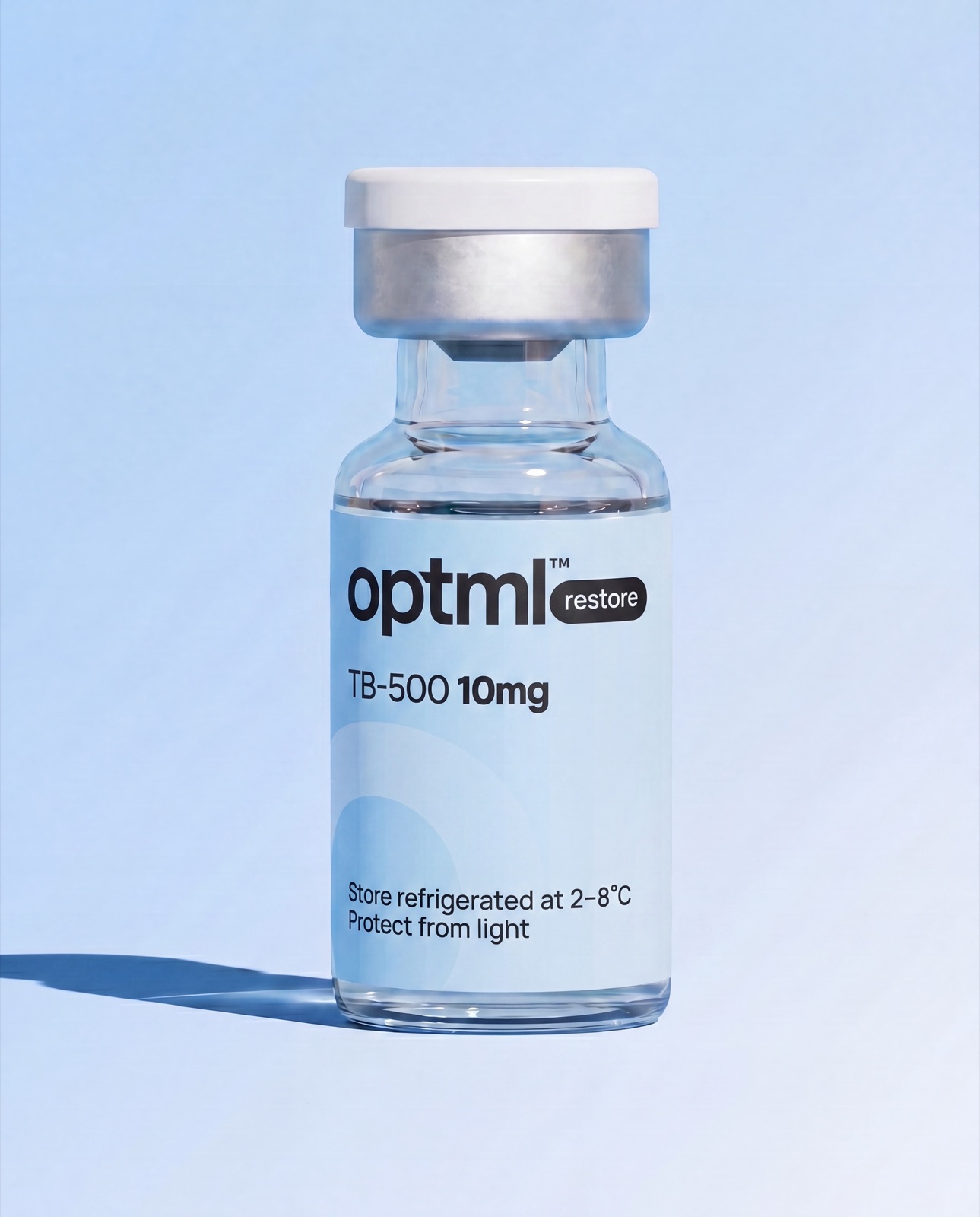 OPTML TB-500 10mg research product on a blue studio background