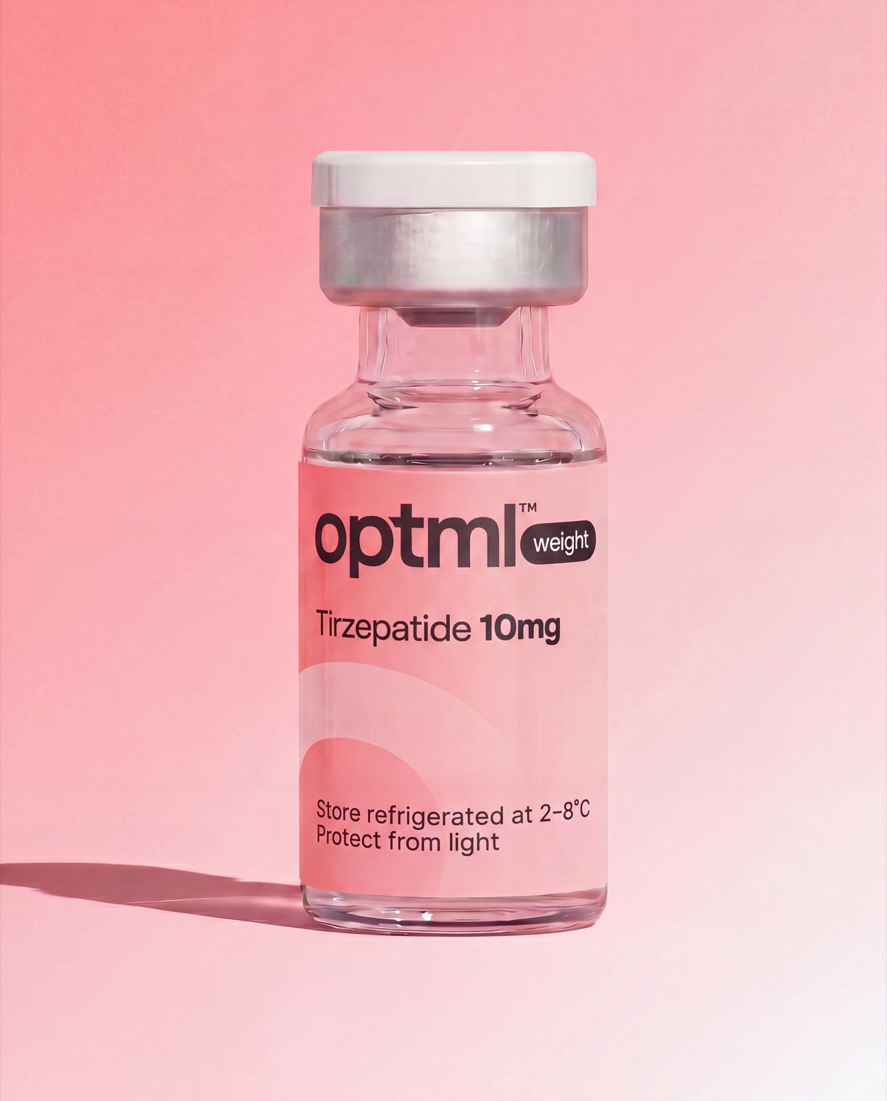 OPTML Tirzepatide 10mg research product on a pink studio background