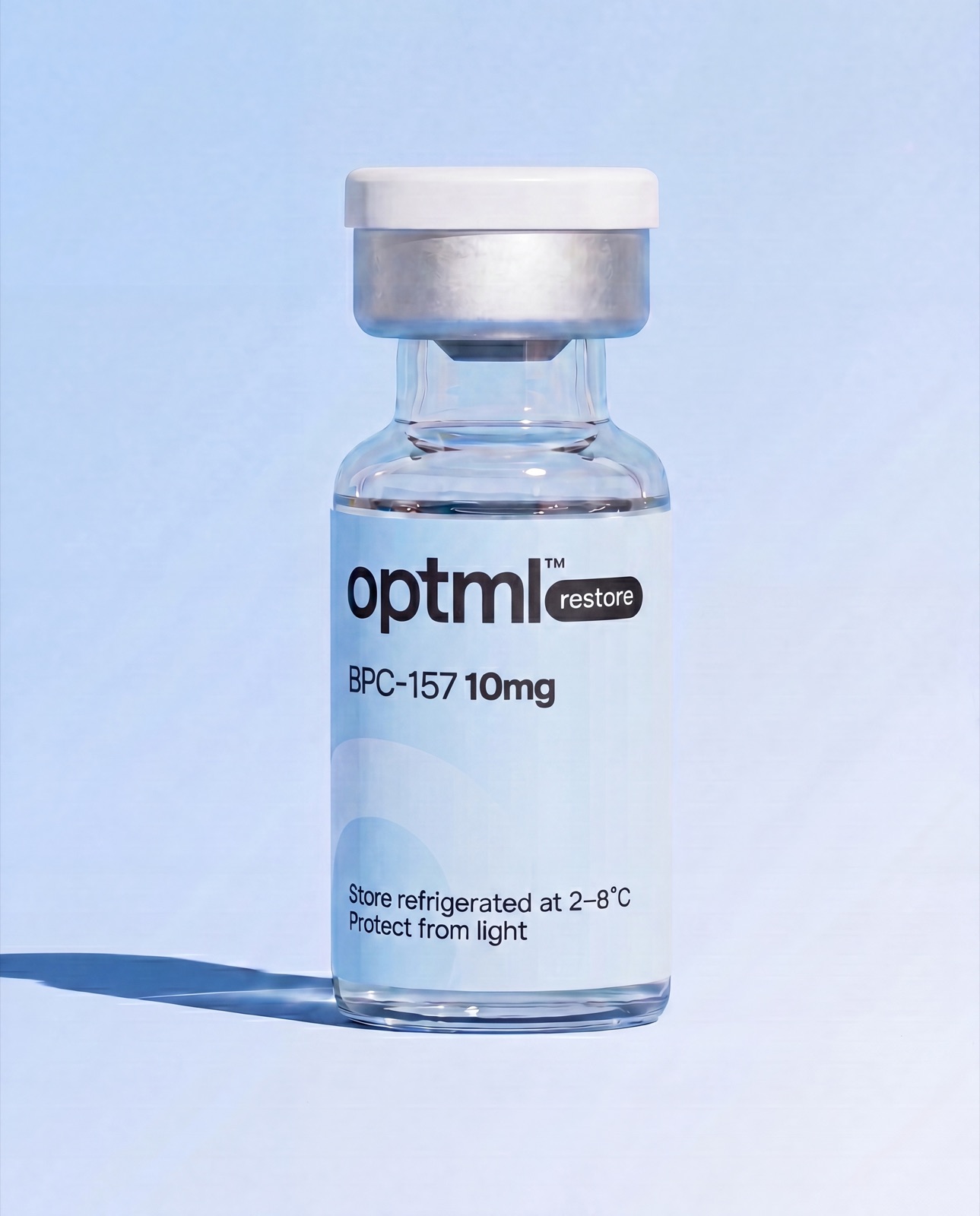 OPTML BPC-157 10mg lyophilised research peptide vial on a blue studio background