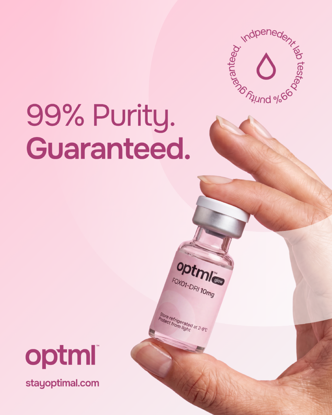 A hand holding an OPTML Glow vial — 98% purity, guaranteed, independent lab tested
