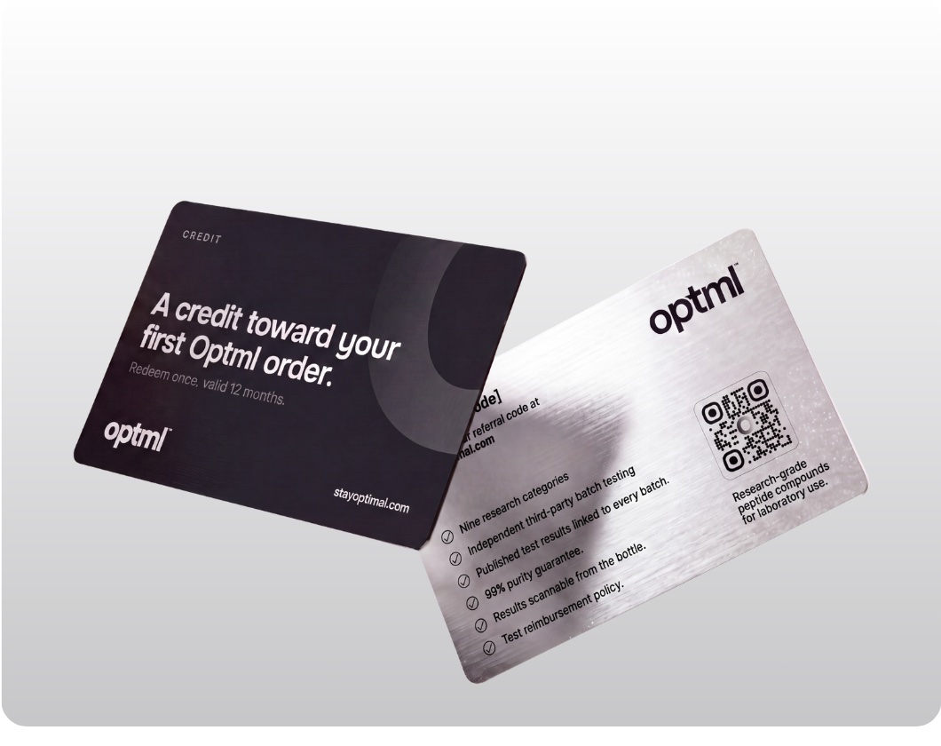 OPTML referral cards: a dark credit card toward your first Optml order and a silver optml card with QR code